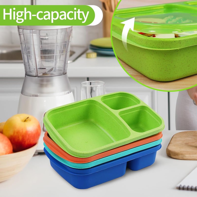 buluker 8 Pack Bento Lunch Box Set 3 Compartment Wheat Straw Meal Prep Food Storage Containers Plastic, Microwave and Dishwasher Safe （Jewel Brights） - Image 3